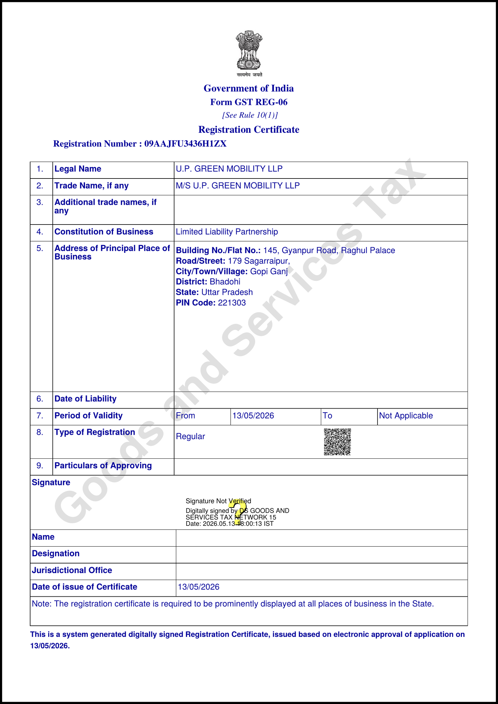GST registration certificate of U.P. Green Mobility LLP