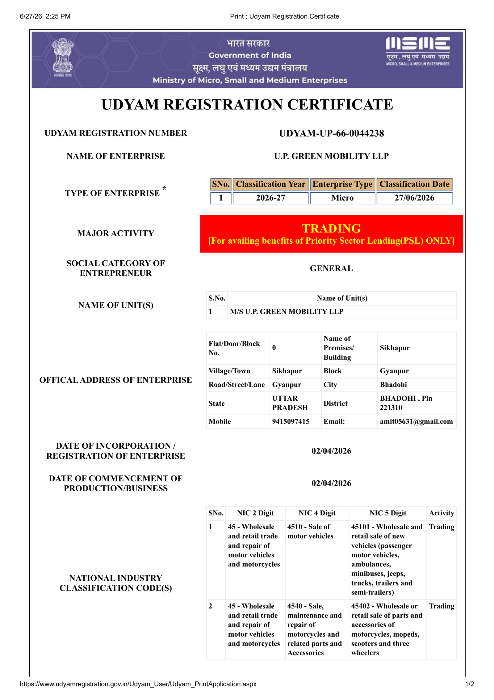 Udyam registration certificate of U.P. Green Mobility LLP